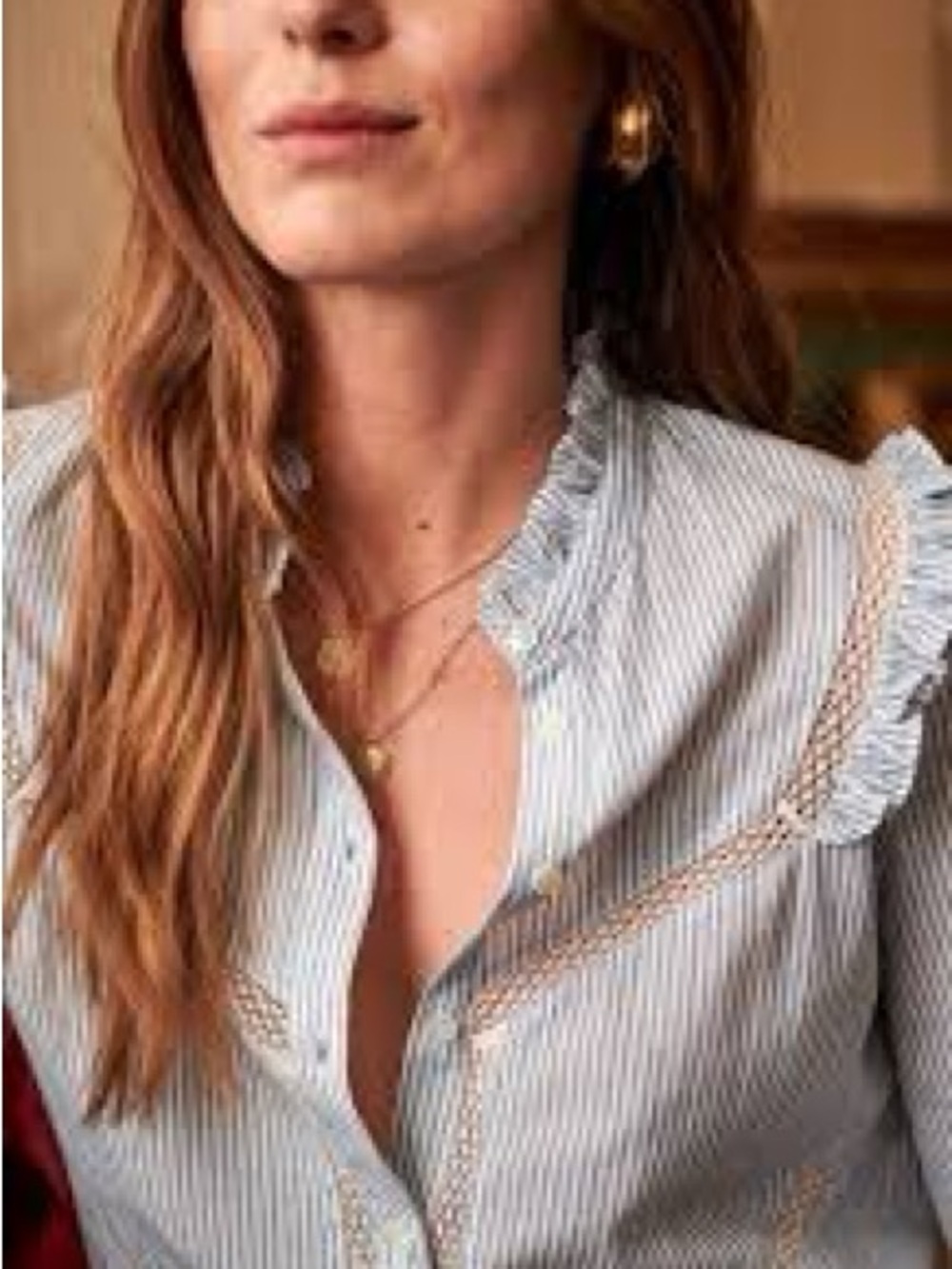 Sézane Félicité Blouse Blue Ecru Stripe Lace Trim Ruffle Collar Size 38
